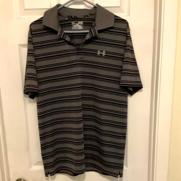 Under Armour‎ Polo Mens Medium Gray & Black Striped Loose Heatgear Golf Shirt - Picture 1 of 8